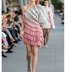 Aje The Salt Lake Plume Mini Dress Size 6 Women Ombre One Shoulder Linen Silk